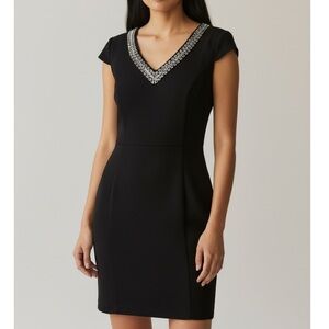 BCBGENERATION black cap sleeve silver deco bead neckline dress small like new